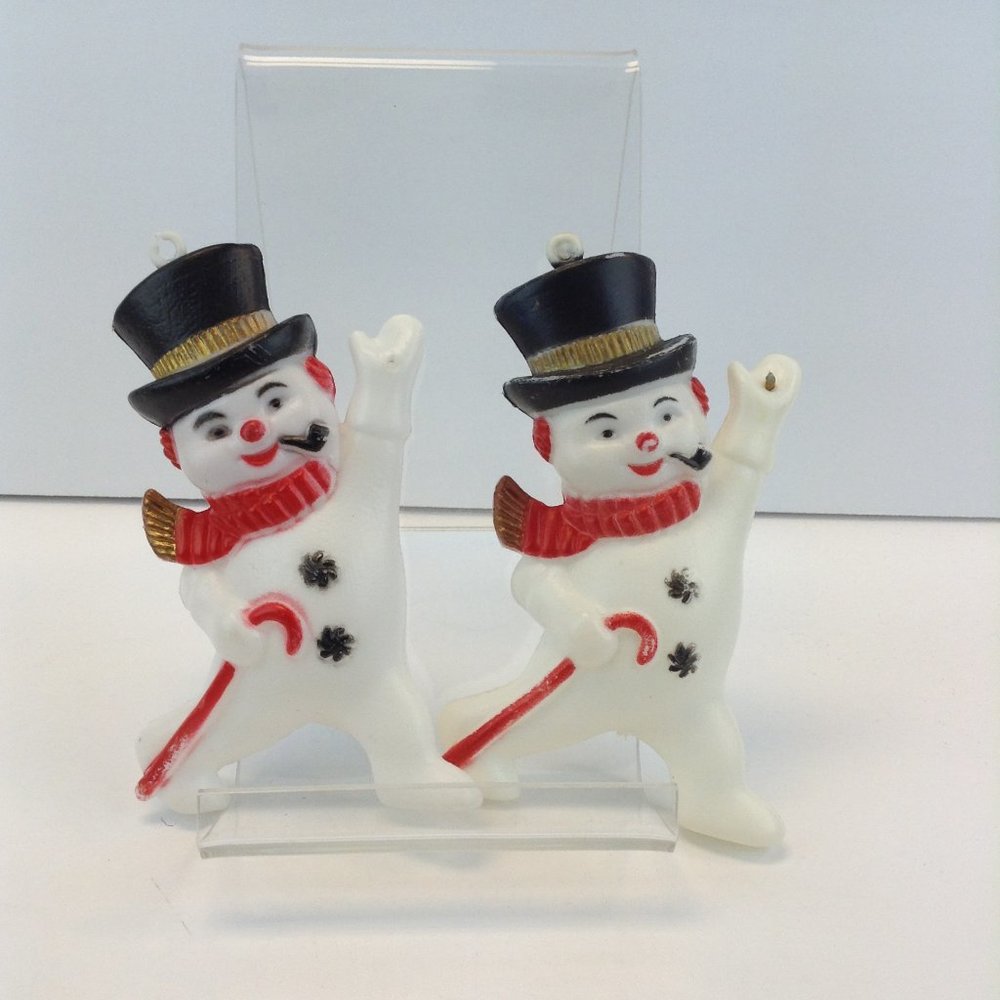 Vintage, Lot of 2, Plastic 5" Blow Mold Snowman Christmas Ornaments
